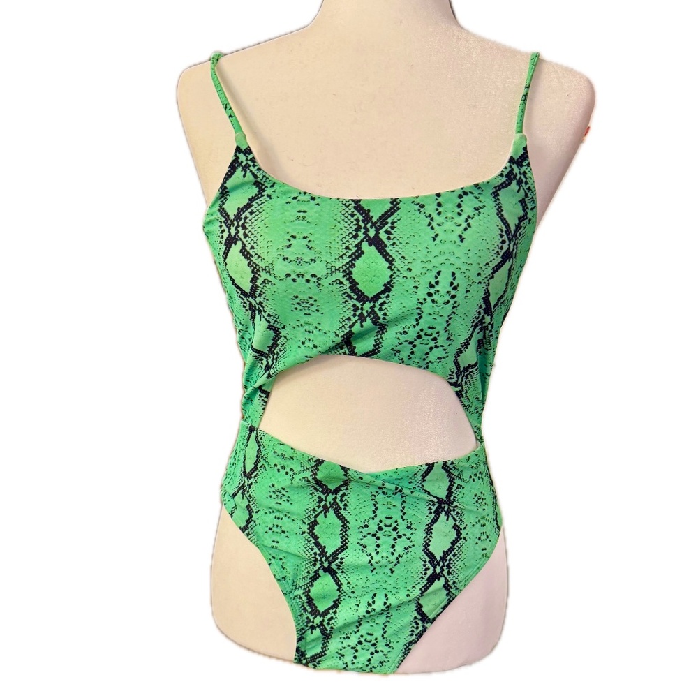 Neon Lime Green Snake Print Swimsuit High Waist Cutout Bodysuit Monokini…